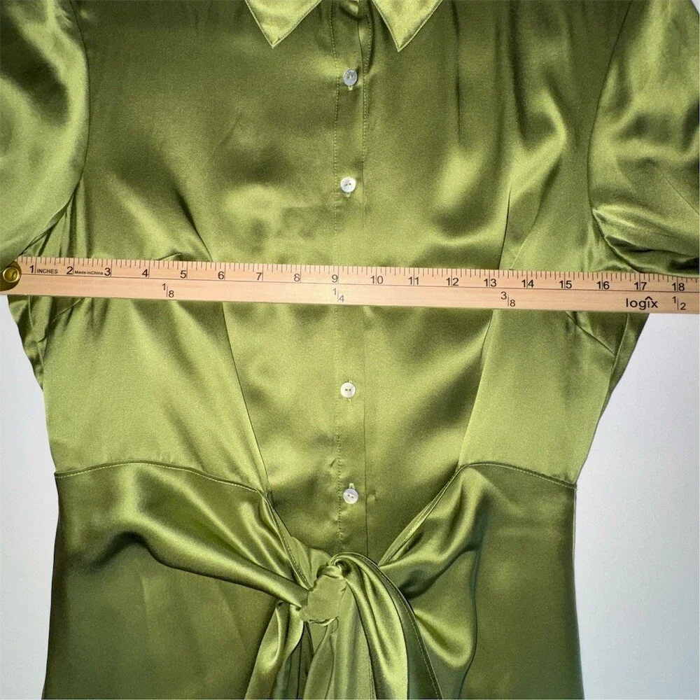 Cinq à Sept Jacey Silk Shirtdress Womens Size 6 Green Moss Tie-Waist Midi Luxe - Picture 11 of 15